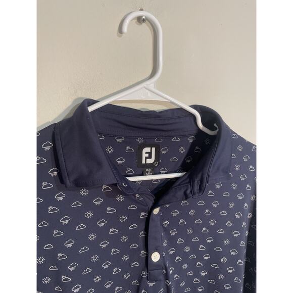 Footjoy Polo Shirt Mens L Navy Blue Weather Print Golf Performance Stretch FJ - Picture 2 of 10